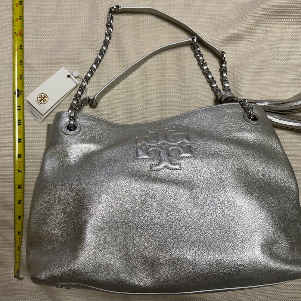 Tory Burch Thea Chain Shoulder Tote Bag Silver Leather, *New With Defects - Picture 11 of 16